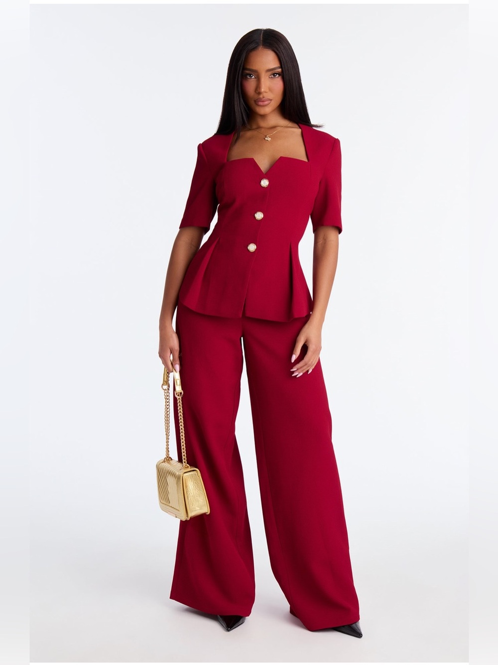 Women's Structured Wide-Leg Pant Suit in Burgundy
